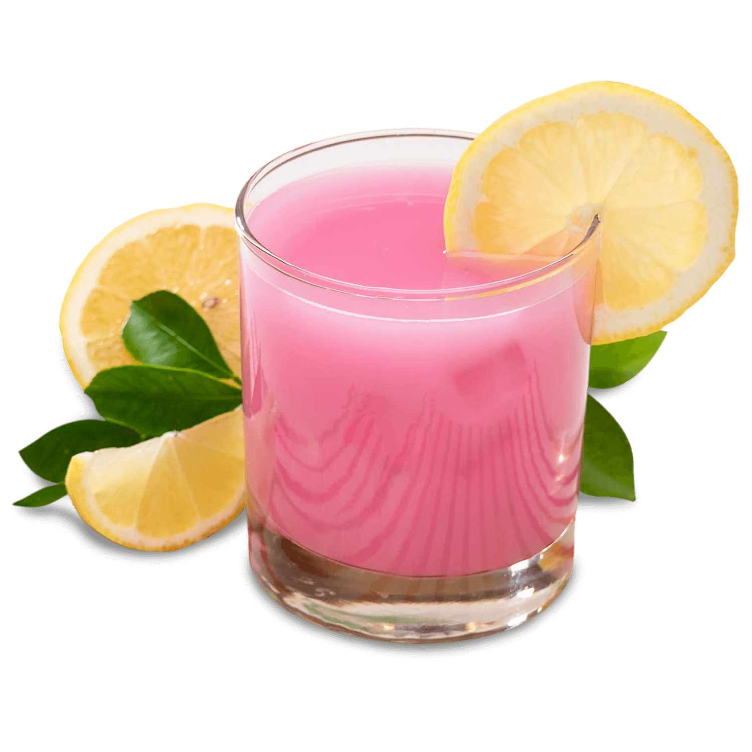 Refreshing pink protein drink in a glass with lemon slices and green leaves, perfect for hydration and nutrition.